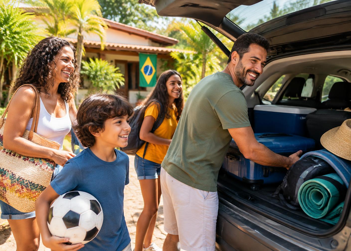 Família carregando o carro para viajar